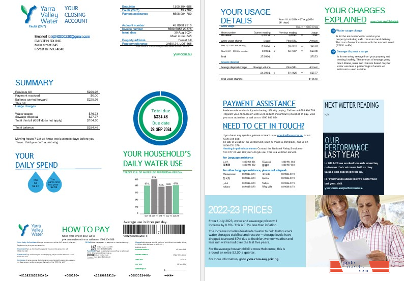 Melbourne Yarra Valley Water water business utility bill Word and PDF formats, 2 pages